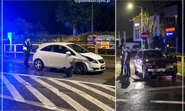 Opel i Mercedes zderzyły się w centrum Szczytna. Utrudnienia na Polskiej i Żeromskiego