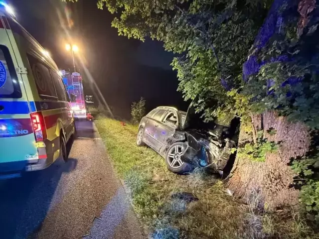 Auto wypadło z drogi i uderzyło w drzewo. Jedna osoba poszkodowana