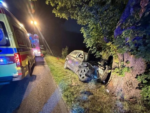 Auto wypadło z drogi i uderzyło w drzewo. Jedna osoba poszkodowana