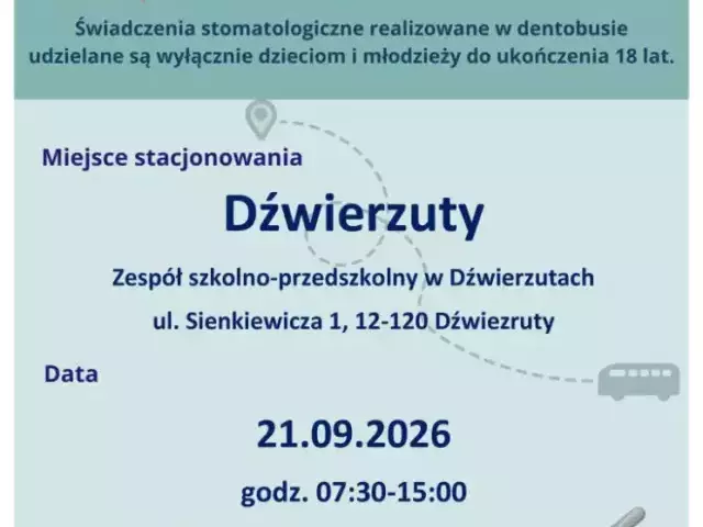 Dentobus przyjedzie do Dźwierzut. Dzieci i młodzież skorzystają z pomocy stomatologa