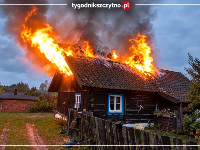 Ogień objął dach drewnianego domu. Pożar w Giławach zostawił ogromne straty