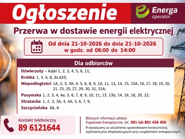 Dźwierzuty bez prądu przez sześć godzin. Energa podała ulice i adresy
