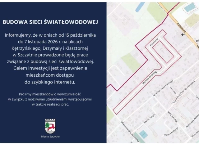 Światłowód wchodzi na trzy ulice w Szczytnie. Do 7 listopada możliwe utrudnienia