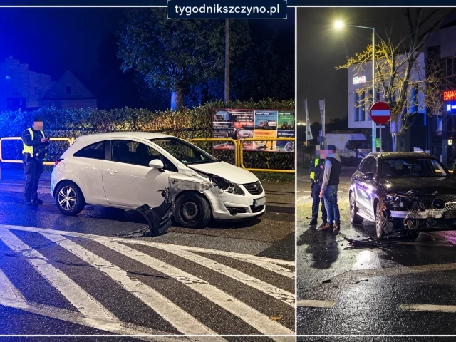 Opel i Mercedes zderzyły się w centrum Szczytna. Utrudnienia na Polskiej i Żeromskiego