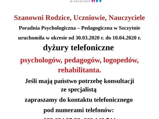 Specjaliści Poradnia Psychologiczno-Pedagogiczna czekają na telefony