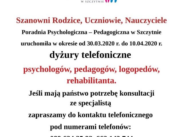 Specjaliści Poradnia Psychologiczno-Pedagogiczna czekają na telefony