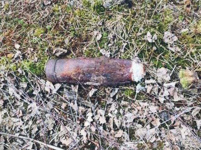 Pocisk artyleryjski na leśnej ścieżce