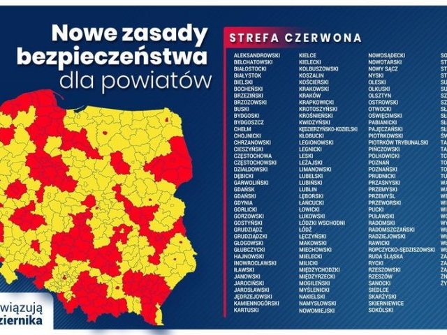 W czerwonej strefie od soboty 152 powiaty, w tym 11 miast wojewódzkich