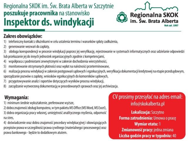 Regionalna SKOK im. Św. Brata Alberta w Szczytnie poszukuje pracownika