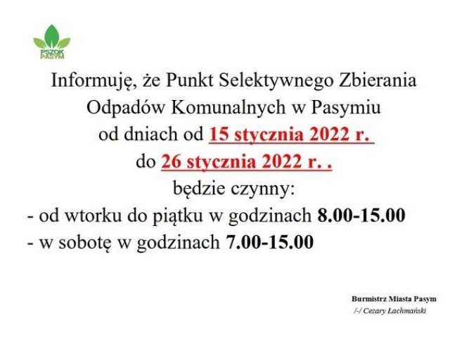 Informacja o zmianie godzin pracy PSZOK w Pasymiu