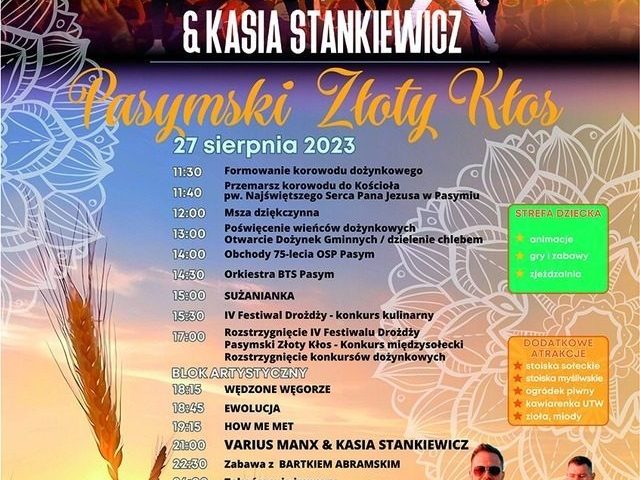 Varius Manx, festiwal drożdży, wieczorna zabawa... Pasym zapraszana gminne dożynki „Pasymski Złoty Kłos”