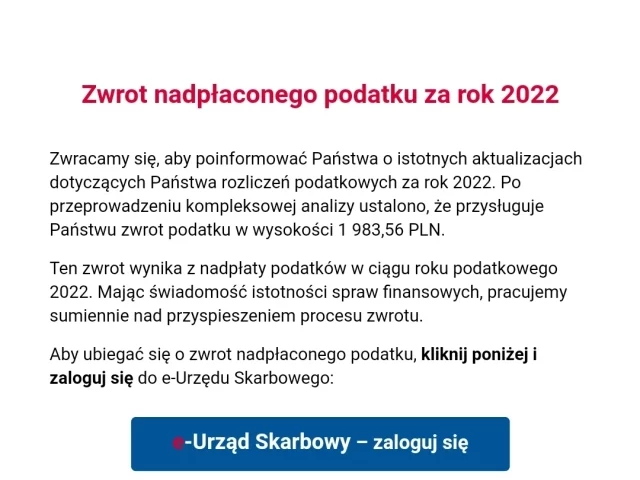 Skarbówka ostrzegamy przed fałszywymi e-mailami o zwrocie nadpłaconego podatku za 2022 rok