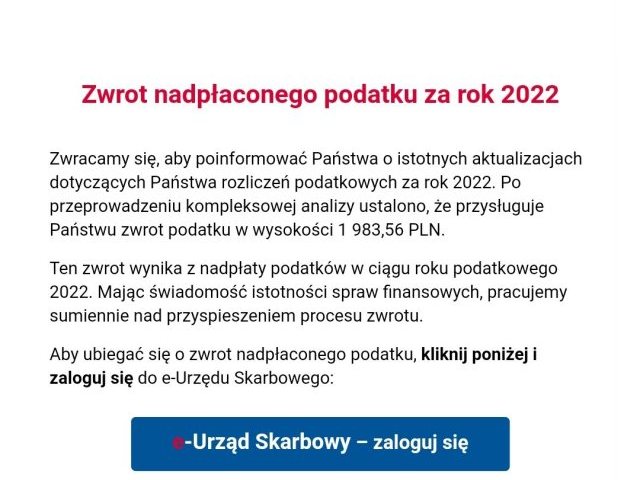 Skarbówka ostrzegamy przed fałszywymi e-mailami o zwrocie nadpłaconego podatku za 2022 rok