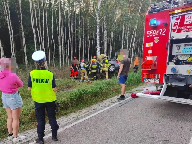 Wypadek pod Wielbarkiem – auto uderzyło w drzewo, kierowca uwięziony