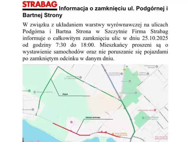 Uwaga kierowcy! W sobotę Podgórna i Bartna Strona całkowicie zamknięte