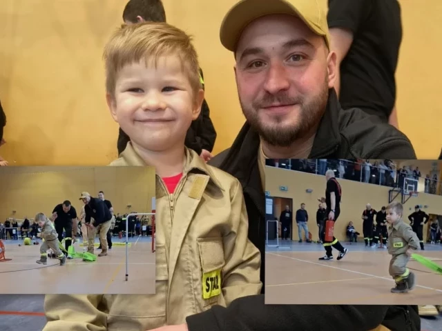 Ma trzy lata i już jest w OSP. Krzyś Zdunek z OSP Dąbrowy skradł show w Jedwabnie