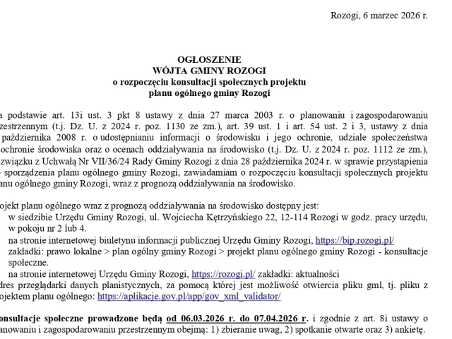 Gmina Rozogi rozpoczyna konsultacje planu ogólnego. Mieszkańcy mogą zgłaszać uwagi