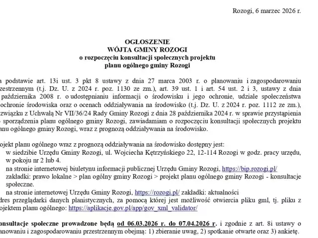 Gmina Rozogi rozpoczyna konsultacje planu ogólnego. Mieszkańcy mogą zgłaszać uwagi