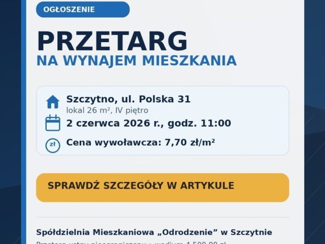 Kawalerka w centrum Szczytna do wynajęcia. Spółdzielnia ogłosiła przetarg