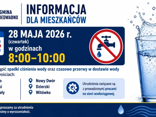 W czwartek może zabraknąć wody. Utrudnienia w sześciu miejscowościach gminy Jedwabno