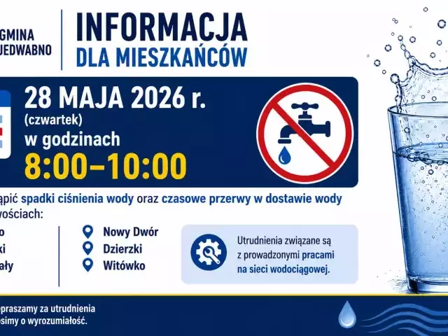 W czwartek może zabraknąć wody. Utrudnienia w sześciu miejscowościach gminy Jedwabno