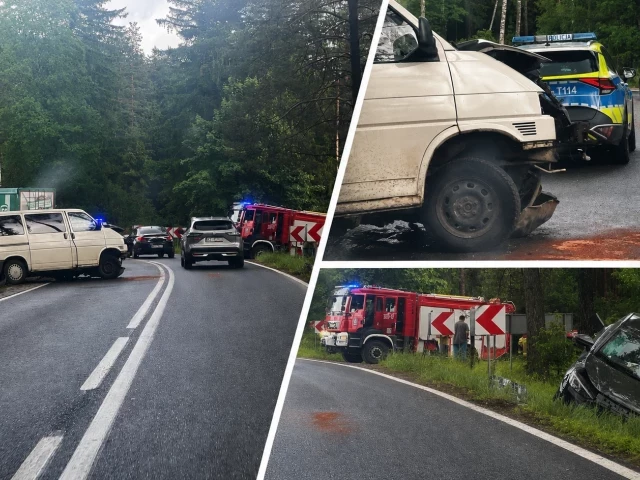 Bus wjechał w jego samochód na zakręcie. Rafał Wilczek trafił do szpitala po groźnym zderzeniu